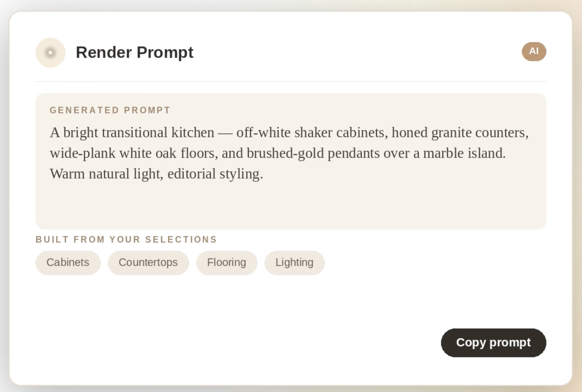 Design Book's Render Prompt card, built from your selections